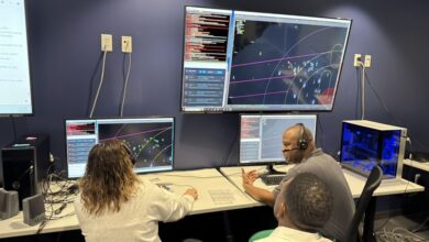 U.S. Air Force air battle managers participate in the Department of the Air Force’s Advanced Battle Management System Cross-Functional Team first Decision Advantage Sprint for Human-Machine Teaming, or DASH, experiment, recently held at the Howard Hughes Operations, or H2O, Center in Las Vegas, Nev., April 8, 2025. This two-week event brought together operational warfighters and industry and Shadow Operations Center-Nellis software developers to prototype microservices aimed at accelerating and improving decision-making in high-tempo battle management scenarios framed by the Transformational Model. (The image has been cropped to focus on the subjects.) (U.S. Air Force photo)