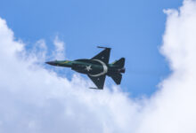 PAC JF-17 Thunder multirole combat aircraft, a fighter jet made in China and Pakistan. The Pakistani plane is painted with the country's flag as it belongs to Pakistan Air Force. The aircraft performed a flight demo, flying demonstration at the 53rd Paris Air Show at Le Bourget Airport in France on June 2019. The advanced and sophisticated fighter jet is developed jointly by the Pakistan Aeronautical Complex (PAC) and the Chengdu Aircraft Corporation (CAC) of China. (Photo by Nicolas Economou/NurPhoto) (Photo by Nicolas Economou / NurPhoto via AFP)